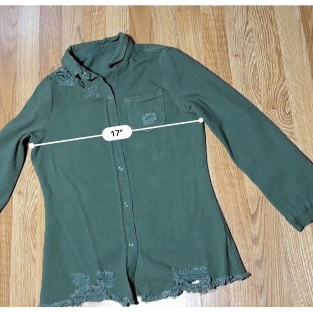 Womens Snap Button Front Shirt Shirt Jacket Size Small Olive Green Destroyed - Picture 8 of 10